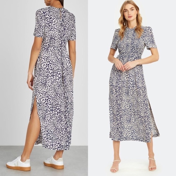 BAUM UND PFERDGARTEN Silk Short Sleeve Leopard Print Smocked Front Midi Dress 14 - Picture 2 of 16